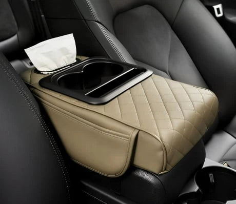 Beige quilted leather car armrest console organizer with dual cup holders and tissue holder