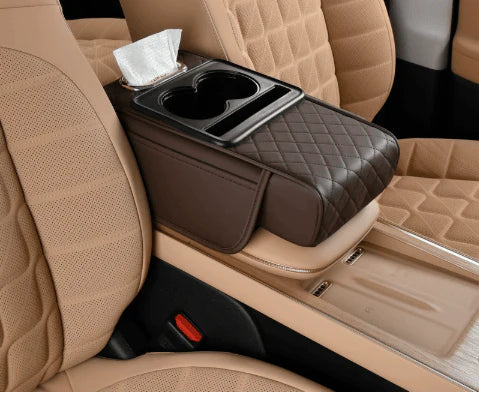 Brown quilted leather car armrest console organizer with dual cup holders and tissue holder