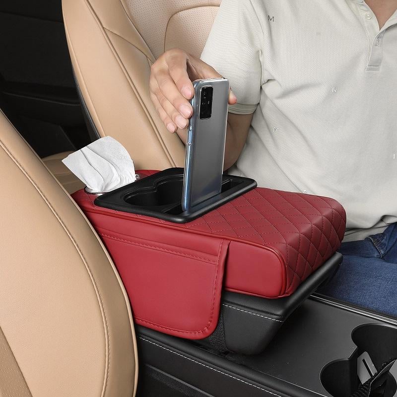 Car armrest console organizer with cup holder and phone slot – lifestyle detail