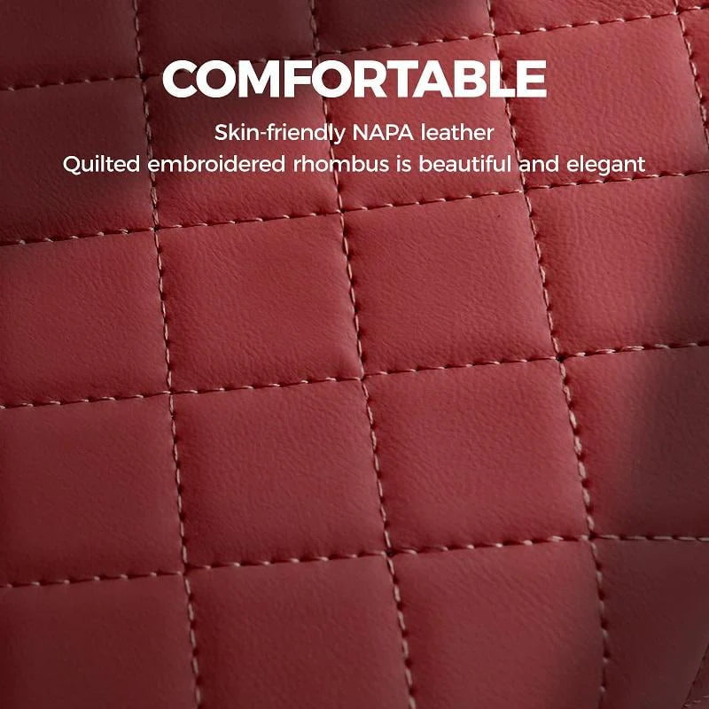 Close-up of red quilted NAPA leather texture – skin-friendly and elegant diamond stitch detail