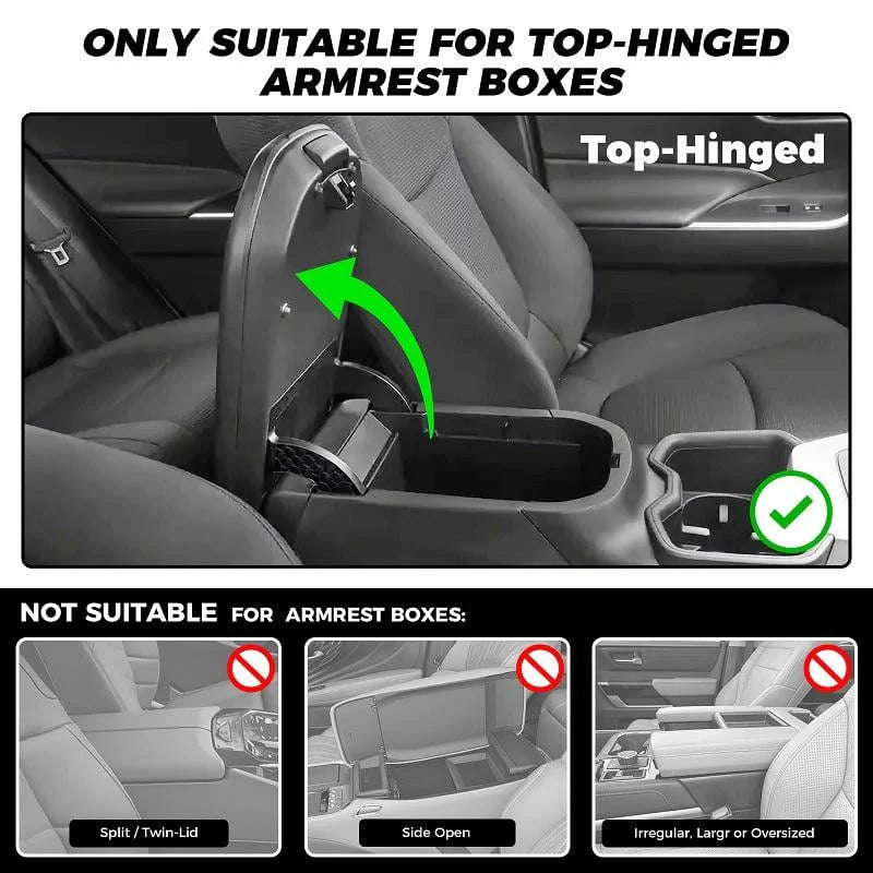 Compatibility guide – only fits top-hinged armrest boxes, not suitable for split, side-open or oversized consoles