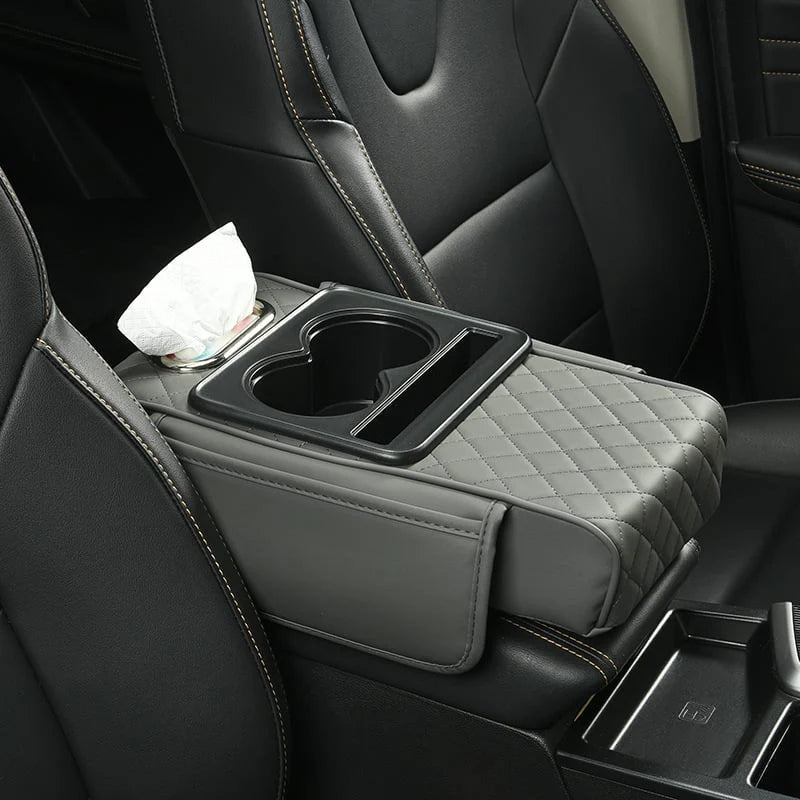 Gray quilted leather car armrest console organizer with dual cup holders and tissue holder