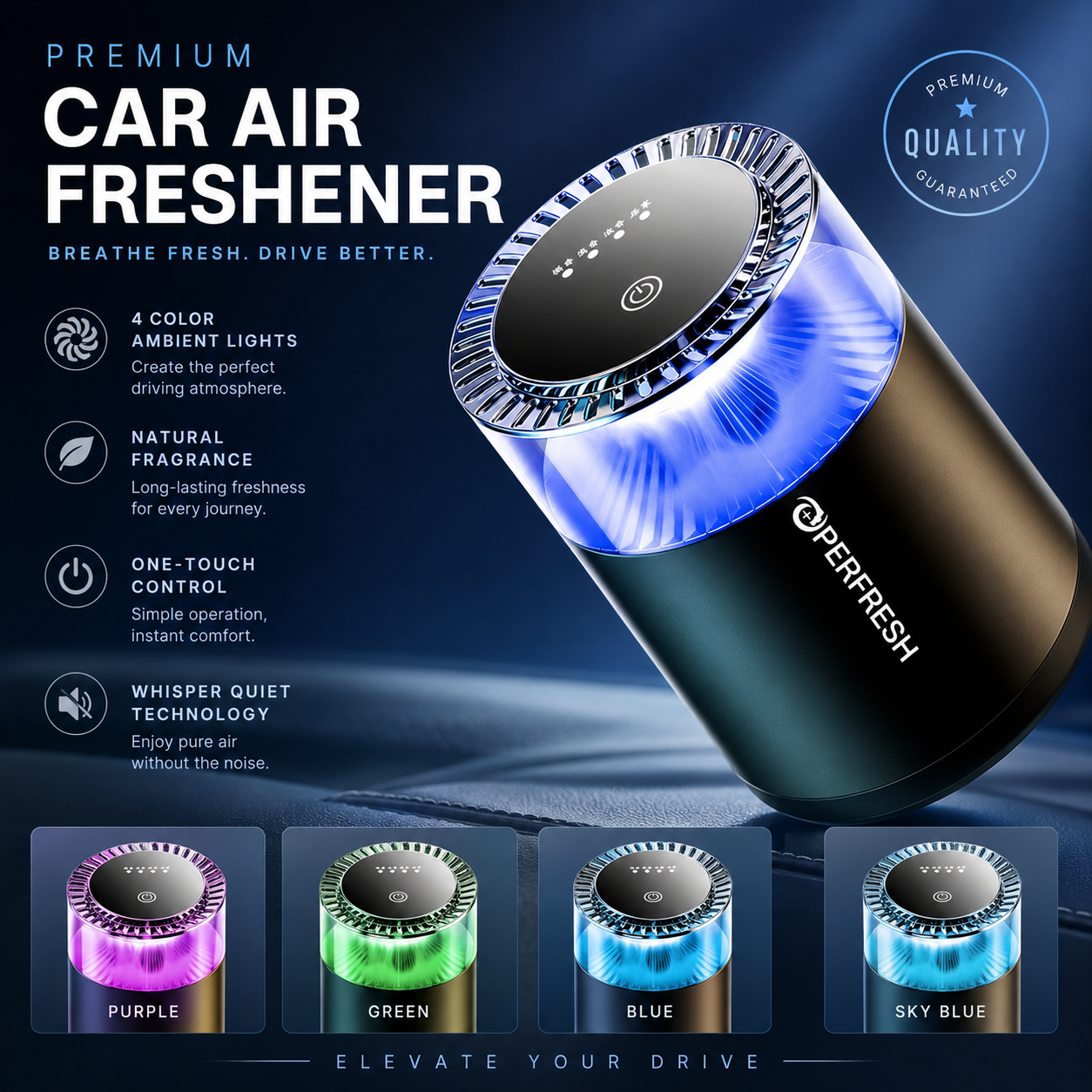 Cloud Mist premium car air freshener featuring 4 color ambient lights (purple, green, blue, sky blue), natural fragrance, one-touch control, and whisper quiet technology.
