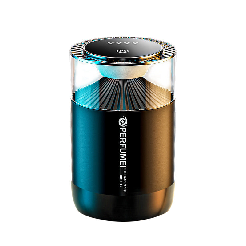 Cloud Mist premium metal car aromatherapy diffuser front view, black finish with ambient blue lighting and transparent crystal top.