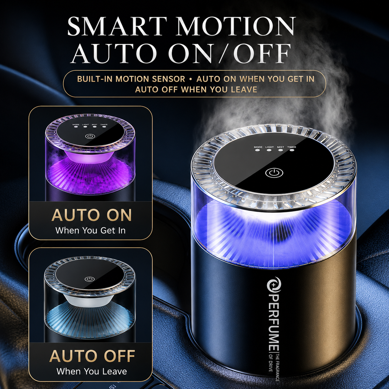 Cloud Mist Aroma Diffuser smart motion sensor feature: auto on when you get in the car, auto off when you leave. Built-in motion detection with ambient light display.
