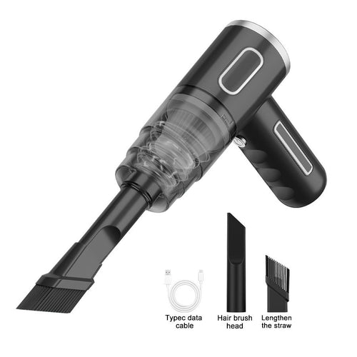 Rechargeable cordless car vacuum cleaner black with accessories Type-C cable hair brush and extension straw