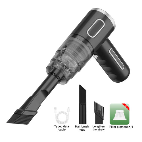 Rechargeable cordless car vacuum cleaner black with filter cartridge Type-C cable hair brush and extension straw