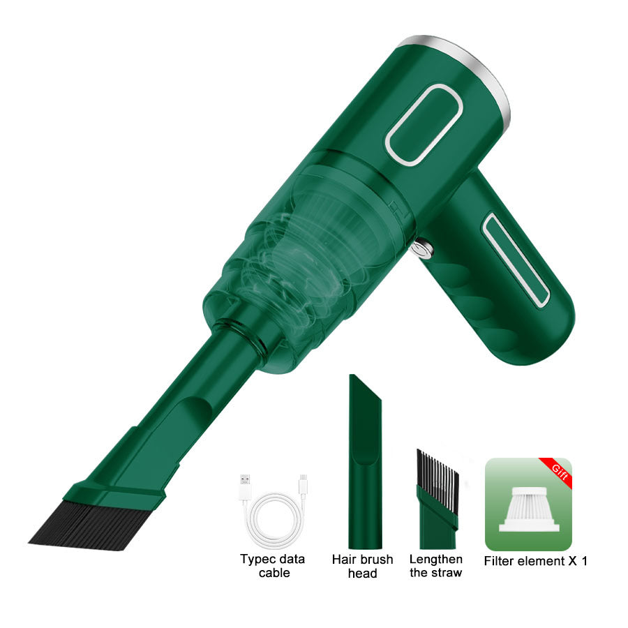 Rechargeable cordless car vacuum cleaner green with filter cartridge Type-C cable hair brush and extension straw