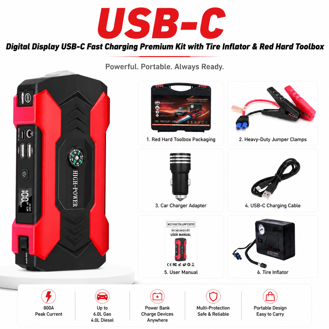 Car Battery Jump Starter Digital Display USB-C Fast Charging Premium Kit with Tire Inflator and Red Hard Toolbox — Ulikesmart