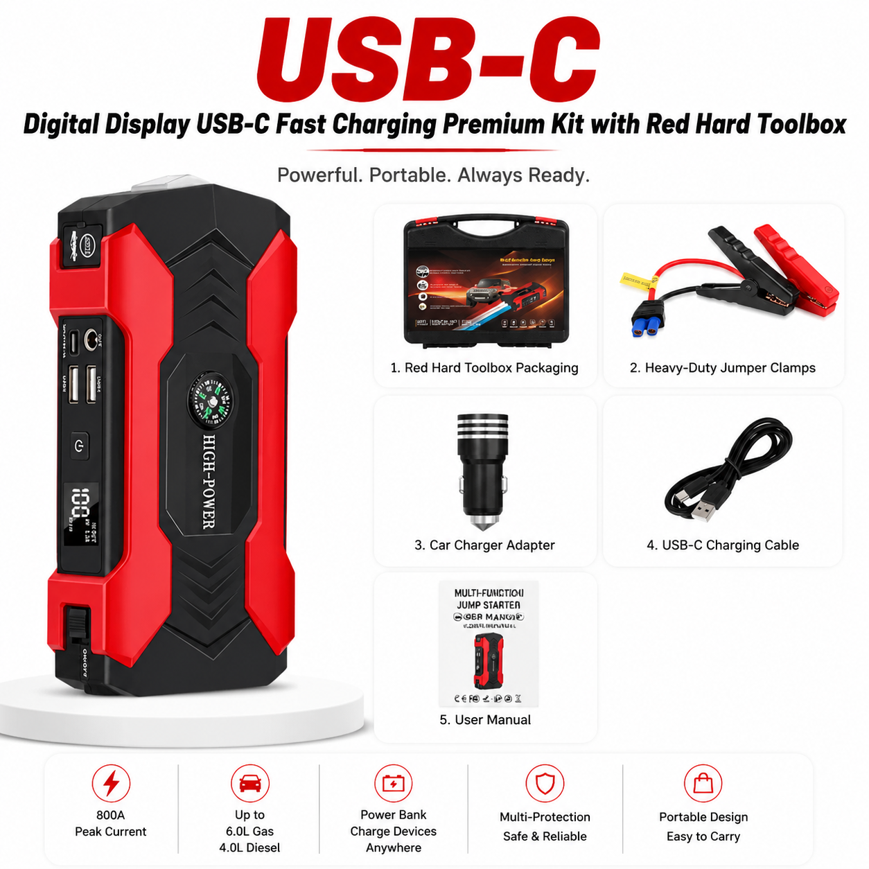 Car Battery Jump Starter Digital Display USB-C Fast Charging Premium Kit with Red Hard Toolbox — Ulikesmart