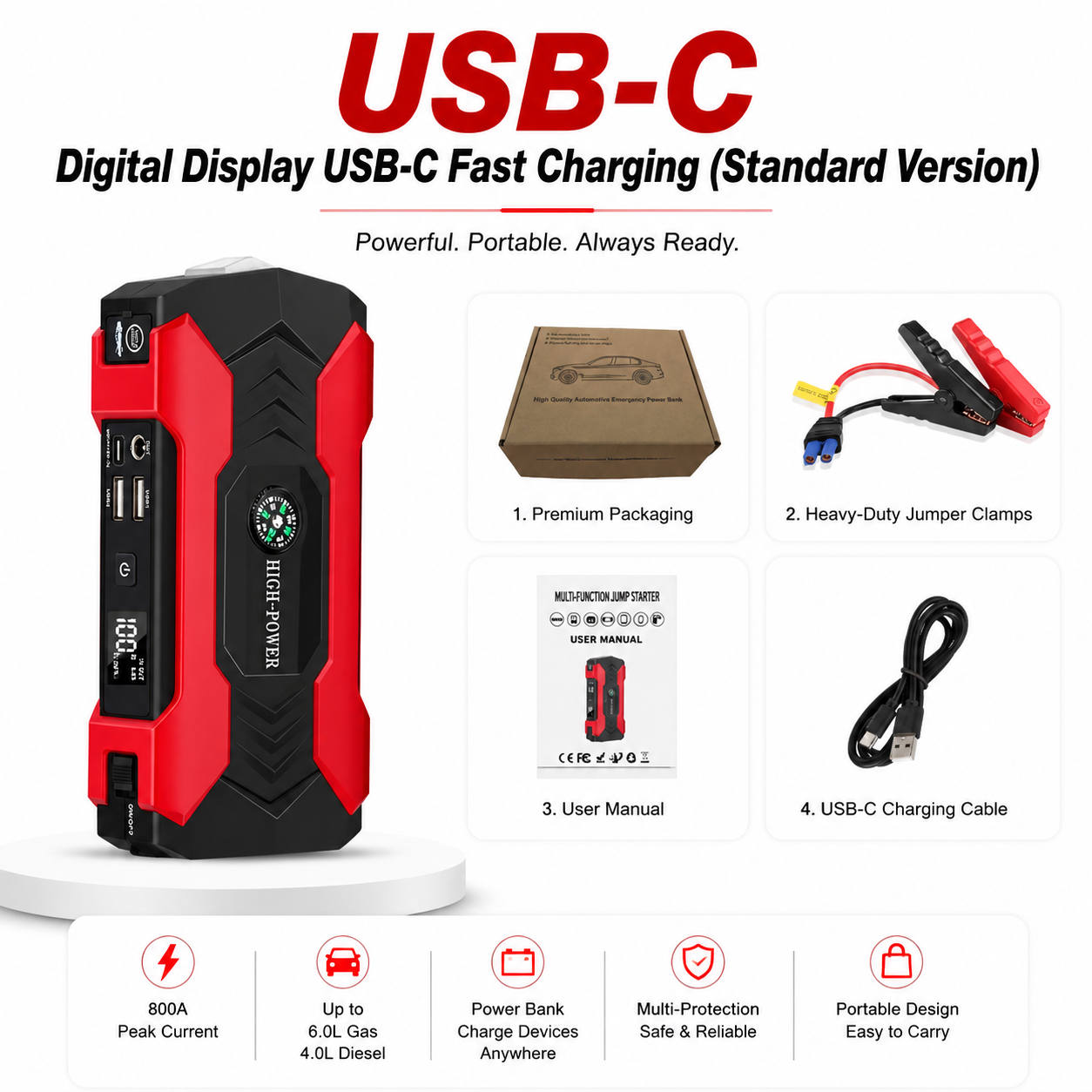 Car Battery Jump Starter Digital Display USB-C Fast Charging Standard Version Red — Ulikesmart