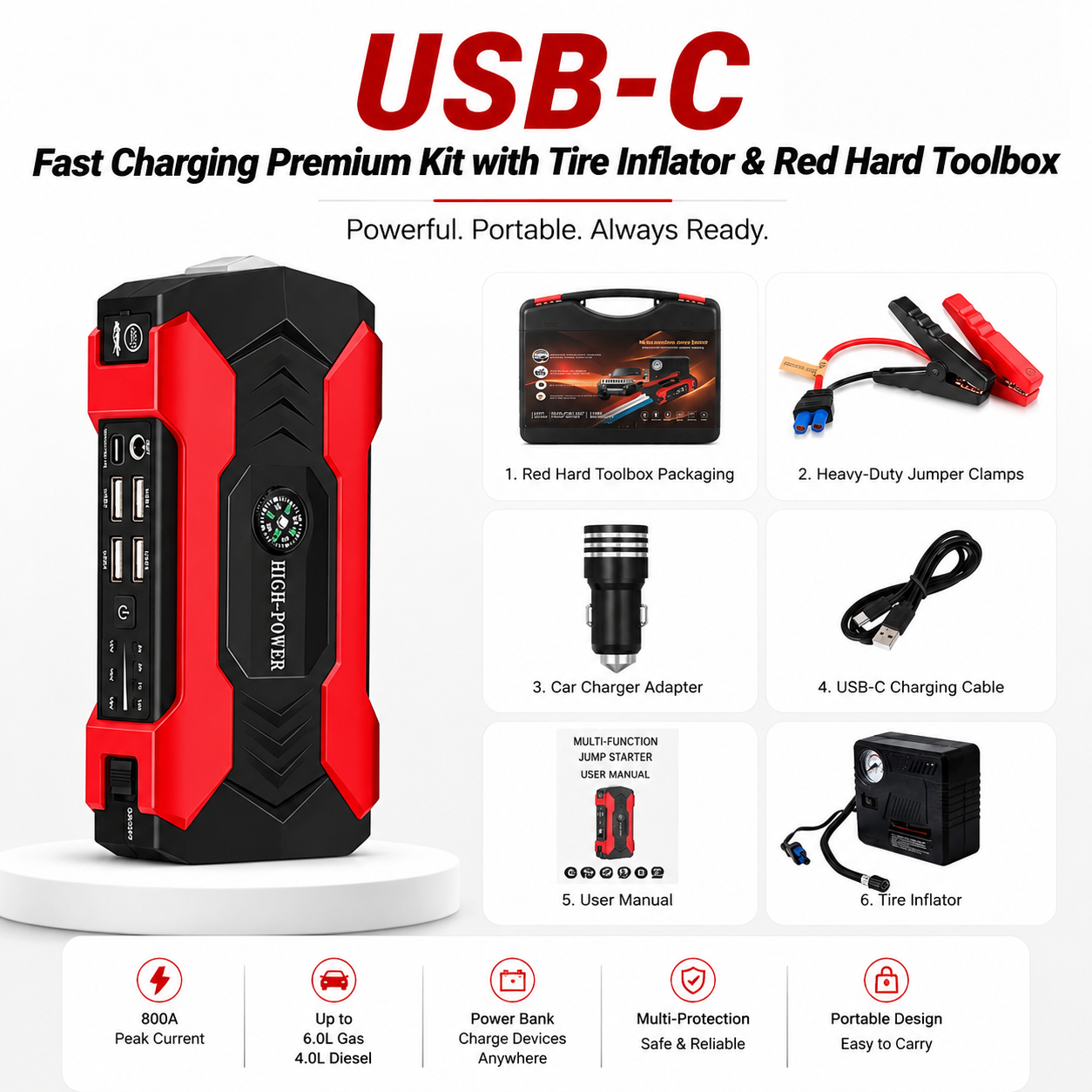 Car Battery Jump Starter USB-C Fast Charging Premium Kit with Tire Inflator and Red Hard Toolbox — Ulikesmart