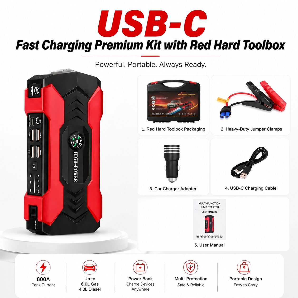 Car Battery Jump Starter USB-C Fast Charging Premium Kit with Red Hard Toolbox — Ulikesmart