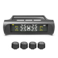 Solar TPMS Color Screen with External Sensors — Real-time tire pressure monitor showing FL, FR, RL, RR readings

