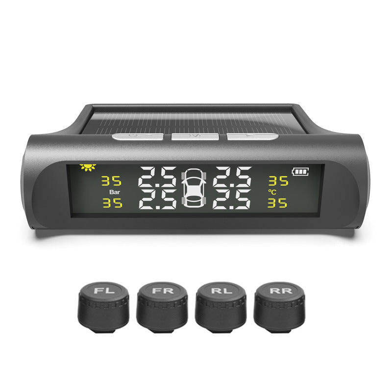 Solar TPMS Color Screen with External Sensors — Real-time tire pressure monitor showing FL, FR, RL, RR readings

