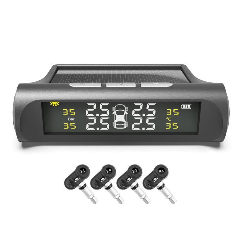 Solar TPMS Color Screen with Internal Sensors — Real-time tire pressure monitor showing FL, FR, RL, RR readings
