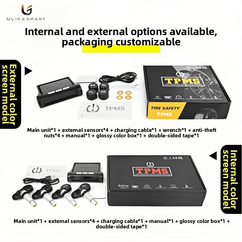 TPMS packaging contents — External and Internal color screen sensor options with full accessory kit

