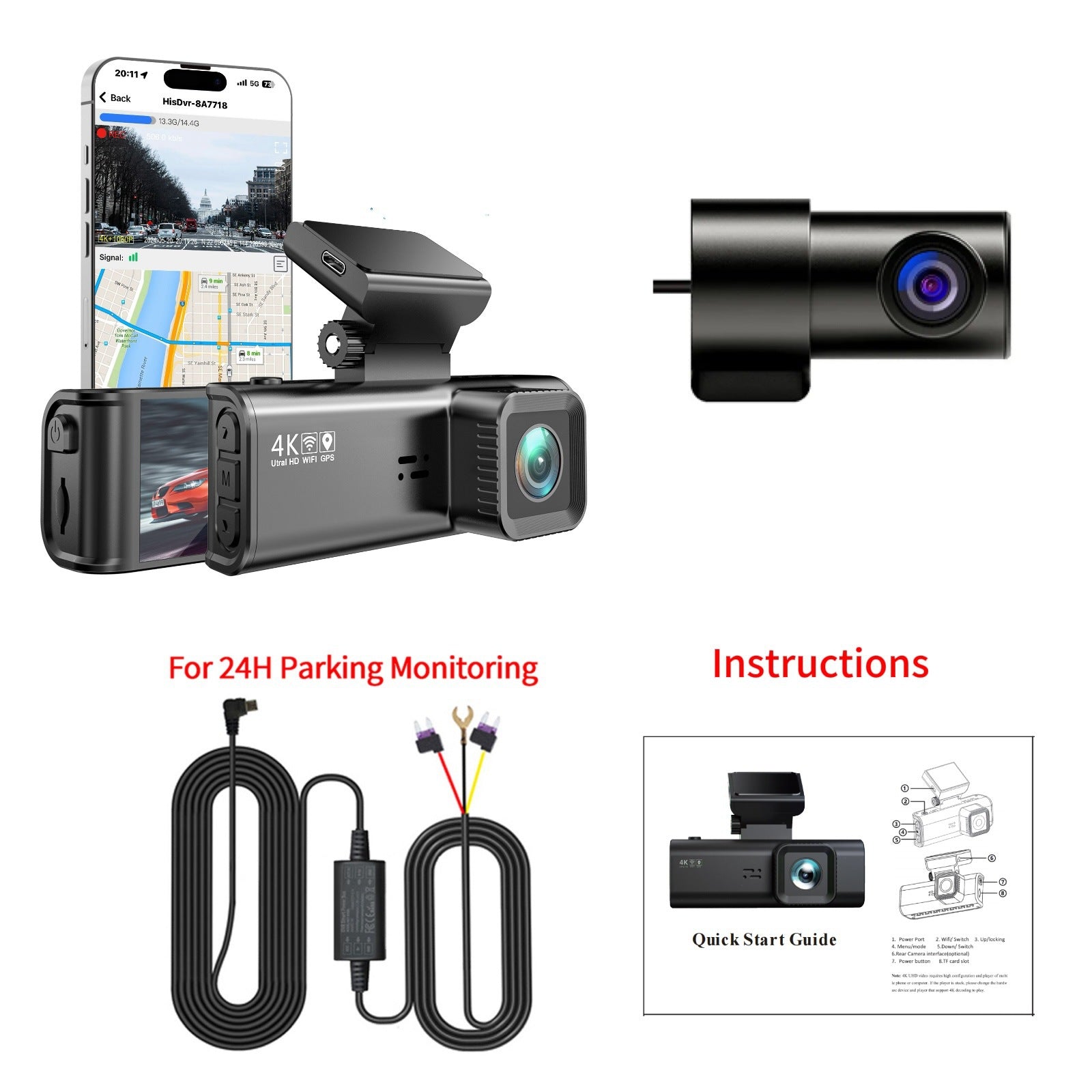 4K+1080P dual channel dash cam with round rear camera, hardwire kit for 24H parking monitoring – Ulikesmart