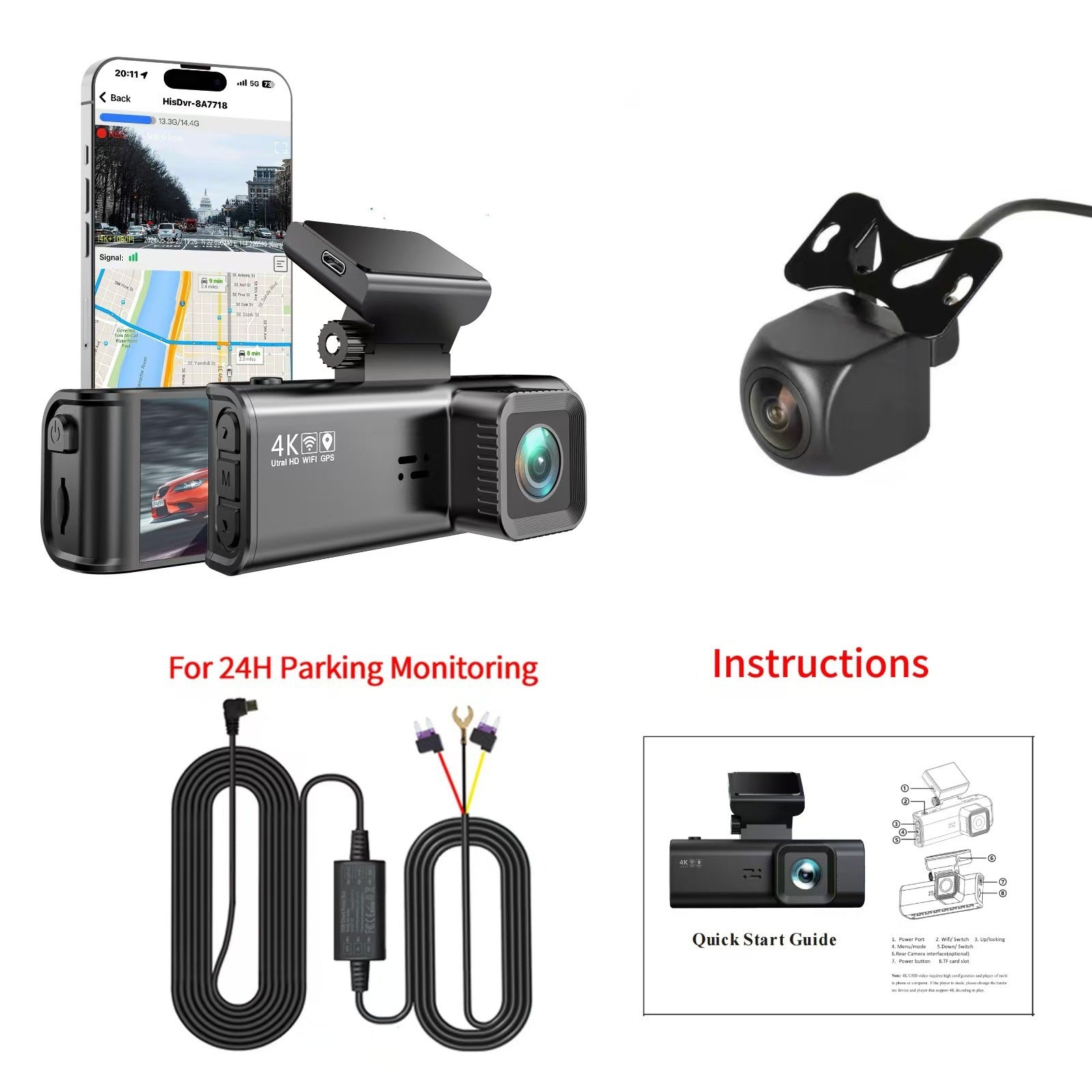 4K dash cam hardwire kit for 24H parking monitoring with rear camera and quick start guide – Ulikesmart